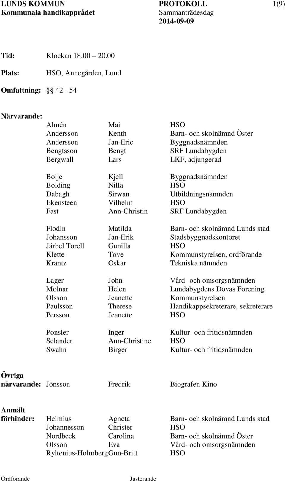 LKF, adjungerad Boije Kjell Byggnadsnämnden Bolding Nilla HSO Dabagh Sirwan Utbildningsnämnden Ekensteen Vilhelm HSO Fast Ann-Christin SRF Lundabygden Flodin Matilda Barn- och skolnämnd Lunds stad