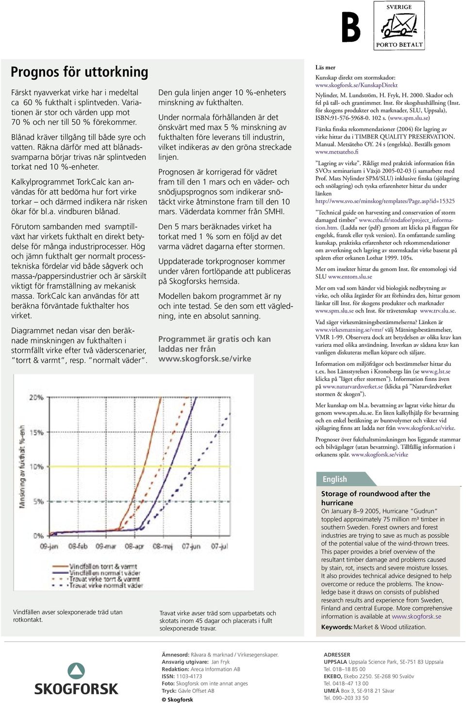 Kalkylprogrammet TorkCalc kan användas för att bedöma hur fort virke torkar och därmed indikera när risken ökar för bl.a. vindburen blånad.