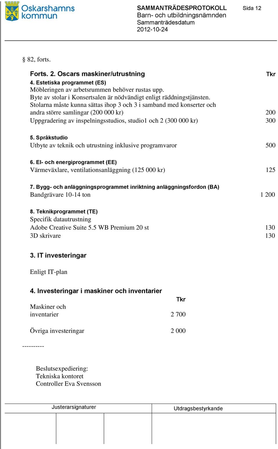 Stolarna måste kunna sättas ihop 3 och 3 i samband med konserter och andra större samlingar (200 000 kr) 200 Uppgradering av inspelningsstudios, studio1 och 2 (300 000 kr) 300 5.