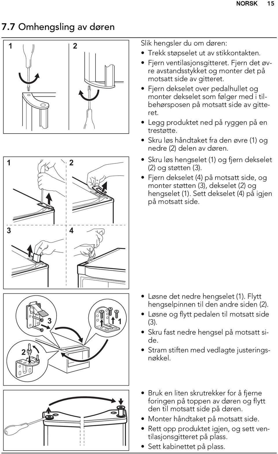 Legg produktet ned på ryggen på en trestøtte. Skru løs håndtaket fra den øvre (1) og nedre (2) delen av døren. Skru løs hengselet (1) og fjern dekselet (2) og støtten (3).