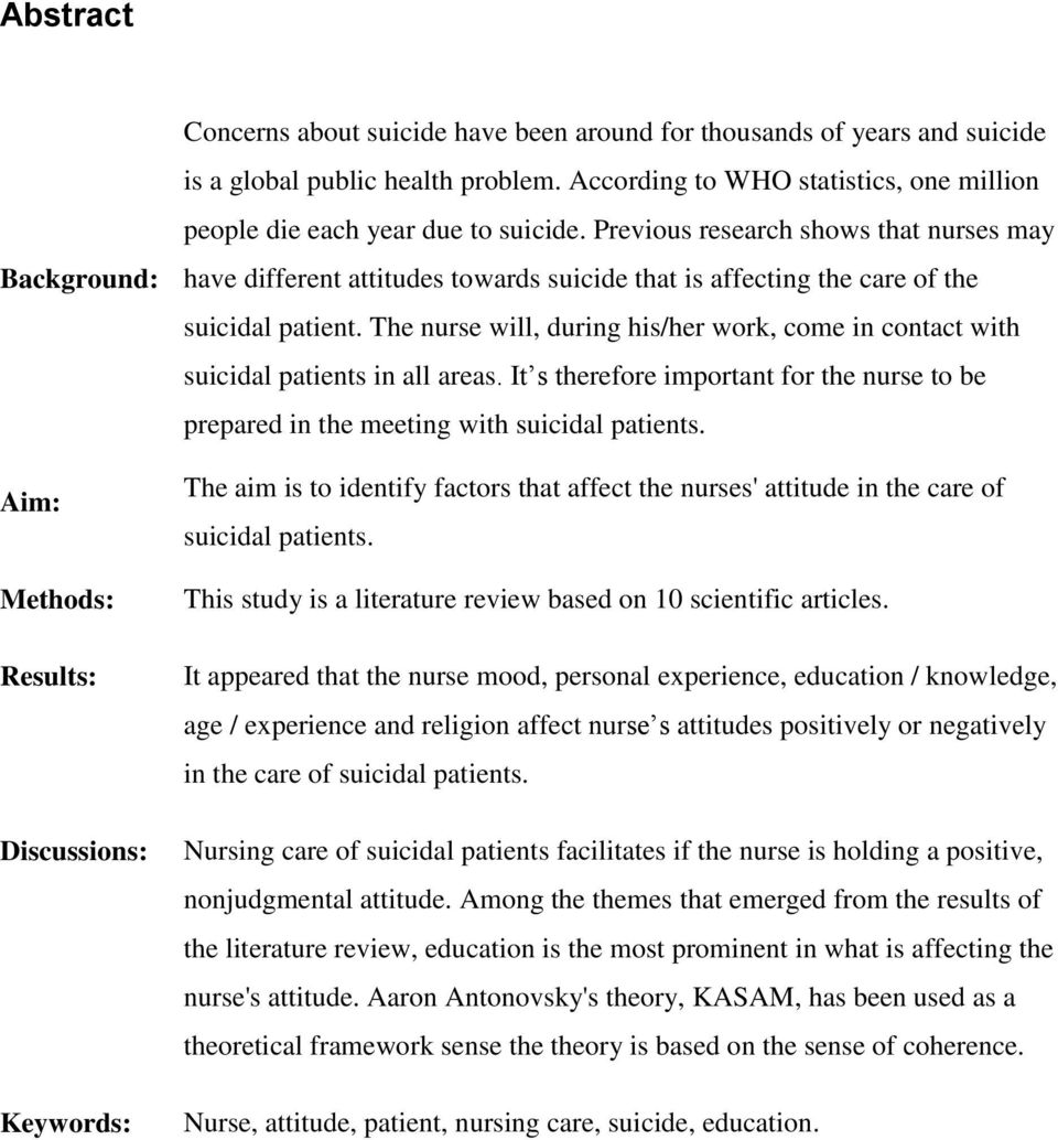 Previous research shows that nurses may have different attitudes towards suicide that is affecting the care of the suicidal patient.