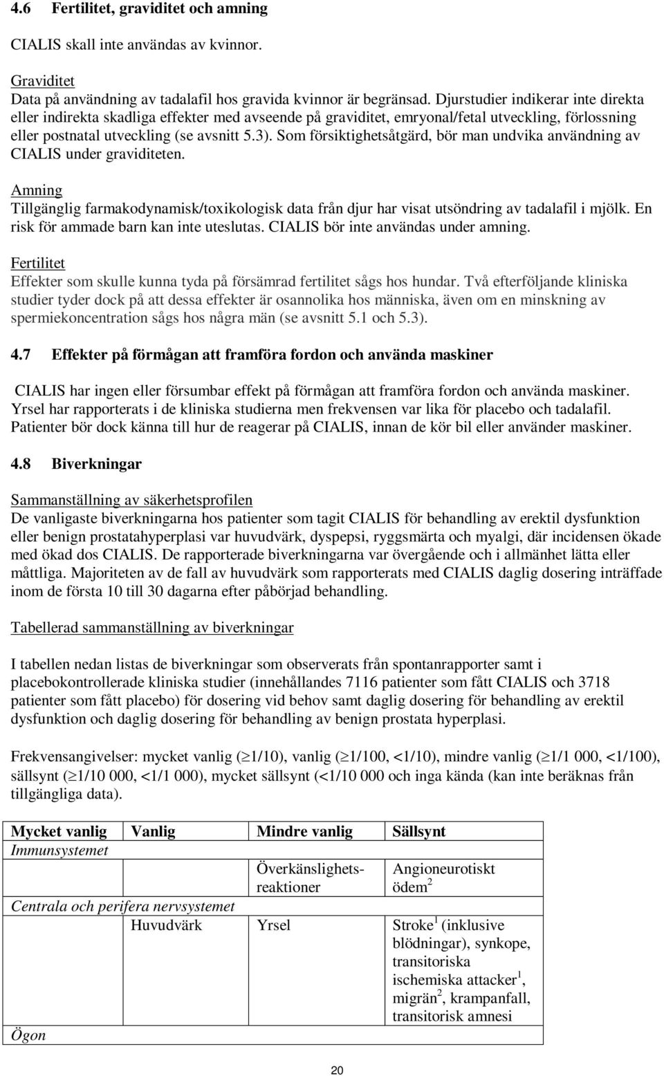 Som försiktighetsåtgärd, bör man undvika användning av CIALIS under graviditeten. Amning Tillgänglig farmakodynamisk/toxikologisk data från djur har visat utsöndring av tadalafil i mjölk.