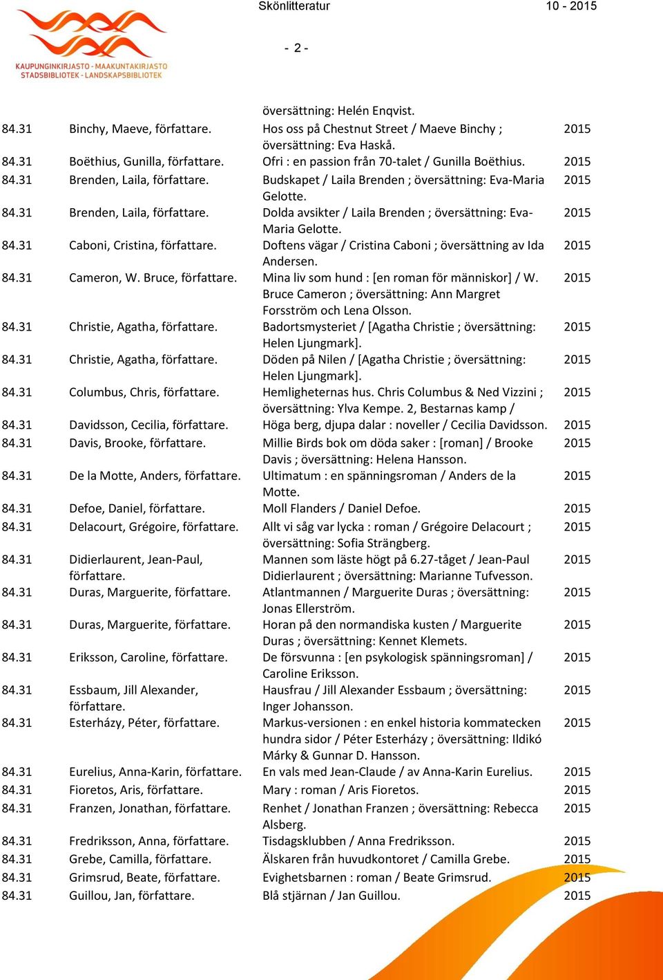 84.31 Caboni, Cristina, författare. Doftens vägar / Cristina Caboni ; översättning av Ida Andersen. 84.31 Cameron, W. Bruce, författare. Mina liv som hund : [en roman för människor] / W.