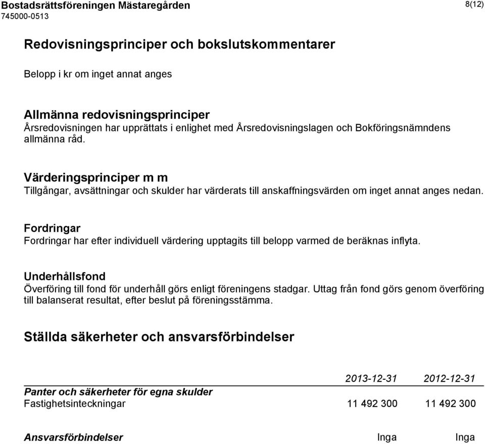 Fordringar Fordringar har efter individuell värdering upptagits till belopp varmed de beräknas inflyta. Underhållsfond Överföring till fond för underhåll görs enligt föreningens stadgar.