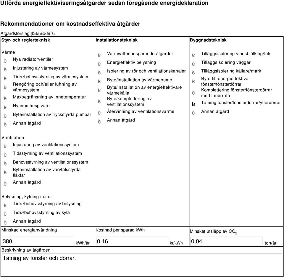 värmesystem Maxbegränsning av innetemperatur Ny inomhusgivare Byte/installation av tryckstyrda pumpar Varmvattenbesparande åtgärder Energieffektiv belysning Isolering av rör och ventilationskanaler