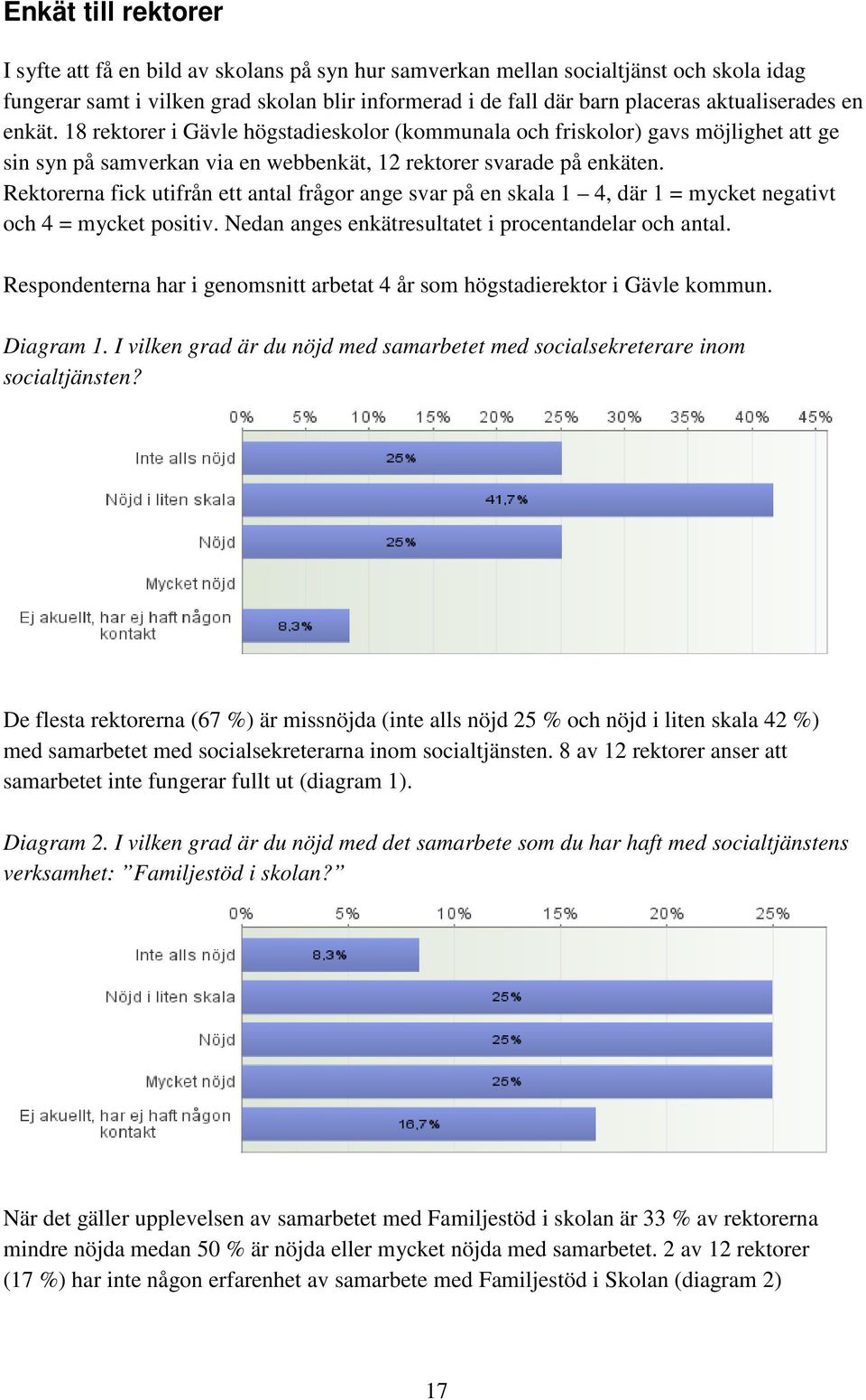 Rektorerna fick utifrån ett antal frågor ange svar på en skala 1 4, där 1 = mycket negativt och 4 = mycket positiv. Nedan anges enkätresultatet i procentandelar och antal.