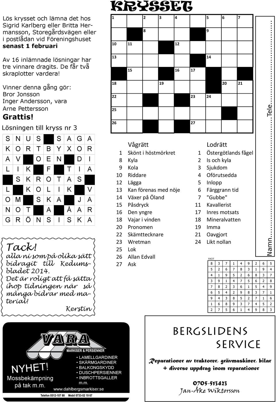 Lösningen till kryss nr 3 RÄTT_SVAR S N U S S A G A K O R T B Y X O R A V O E N D I L I K F T I A S K R O T A S L K O L I K P V O M S K A J A N O T A Å A R G R Ö N S I S K A Tack!