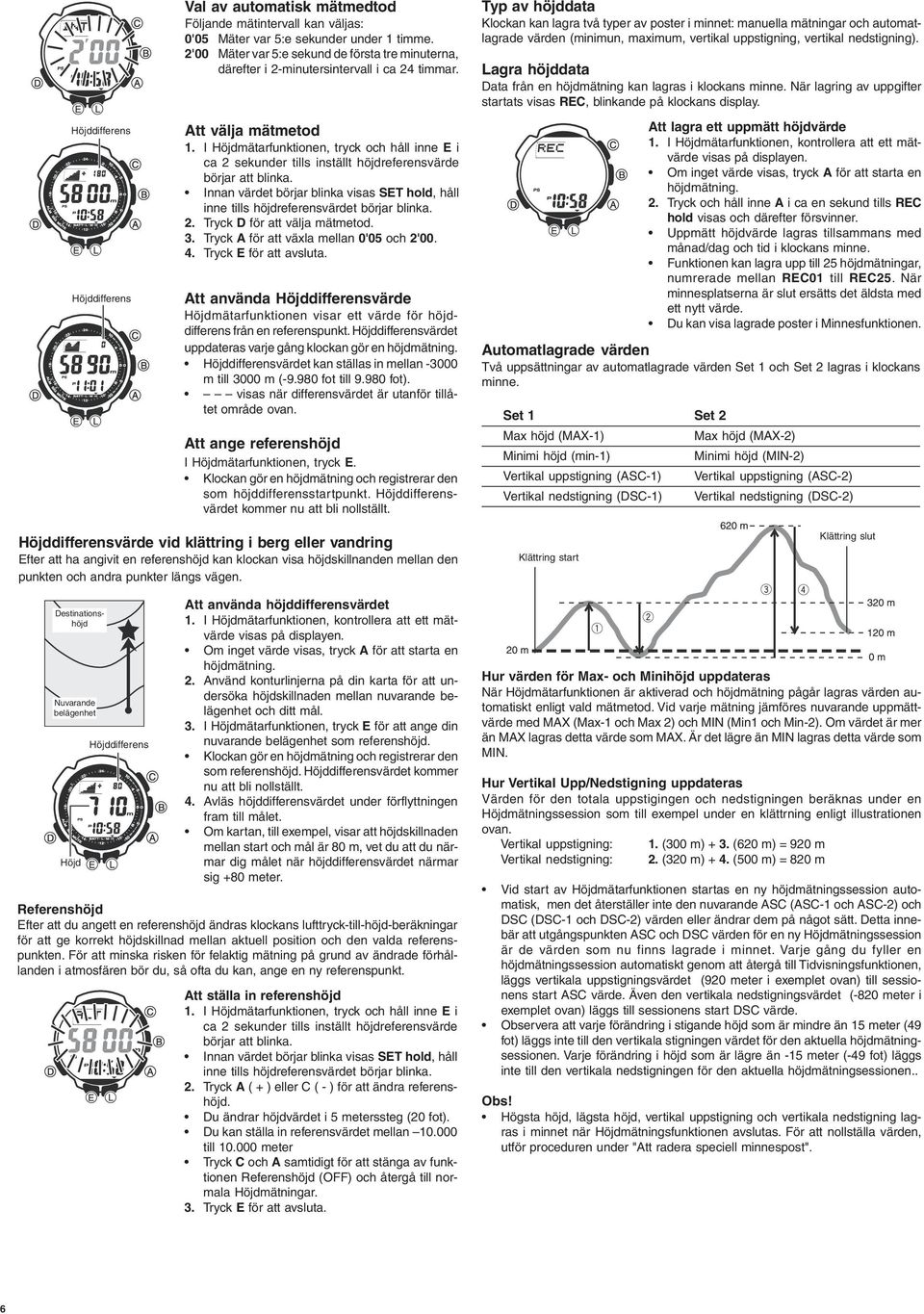 I Höjdmätarfunktionen, tryck och håll inne E i ca 2 sekunder tills inställt höjdreferensvärde börjar att blinka.