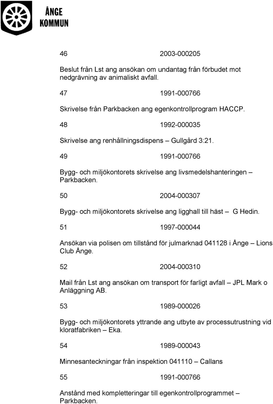 50 2004-000307 Bygg- och miljökontorets skrivelse ang ligghall till häst G Hedin. 51 1997-000044 Ansökan via polisen om tillstånd för julmarknad 041128 i Ånge Lions Club Ånge.