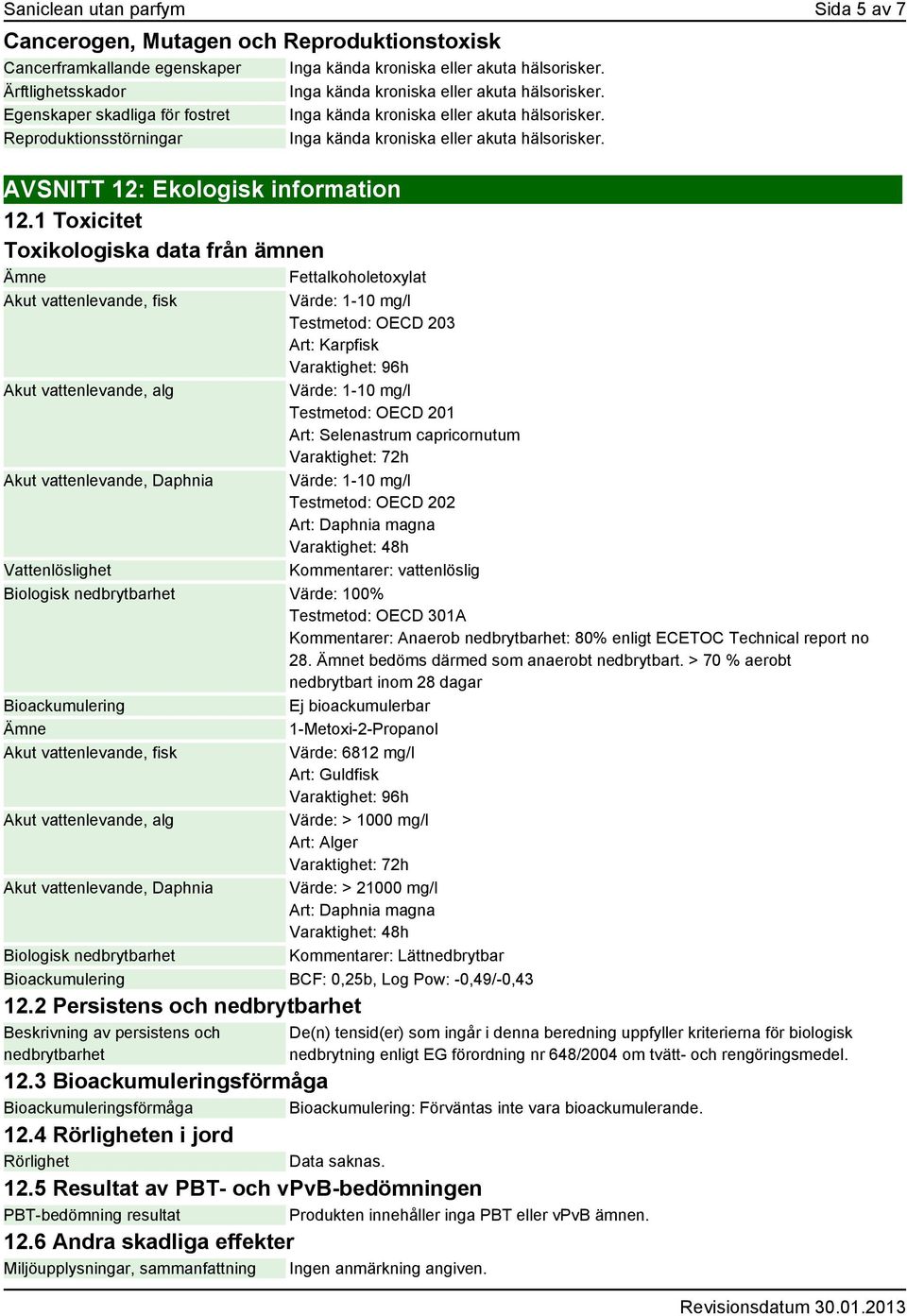 Reproduktionsstörningar Inga kända kroniska eller akuta hälsorisker. AVSNITT 12: Ekologisk information 12.