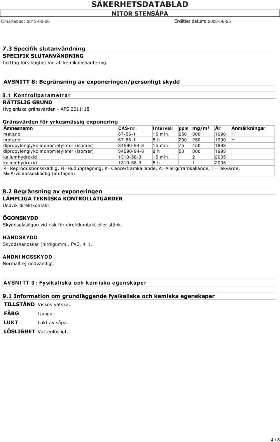 250 300 1990 H metanol 67-56-1 8 h 200 250 1990 H dipropylenglykolmonometyleter (isomer) 34590-94-8 15 min.