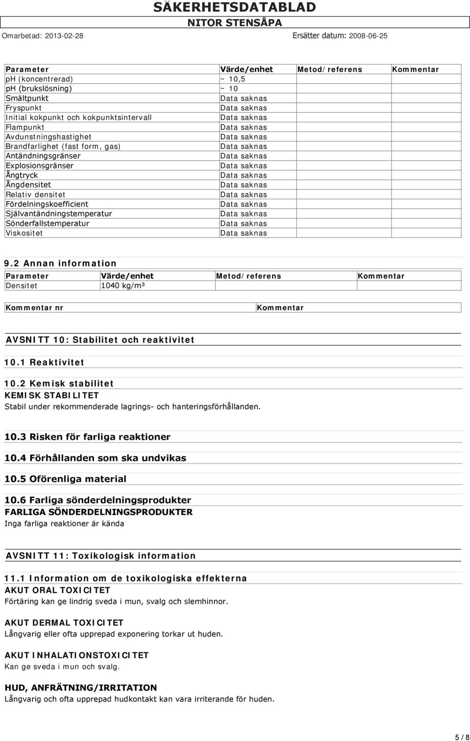 2 Annan information Parameter Värde/enhet Metod/referens Kommentar Densitet 1040 kg/m³ Kommentar nr Kommentar AVSNITT 10: Stabilitet och reaktivitet 10.1 Reaktivitet 10.