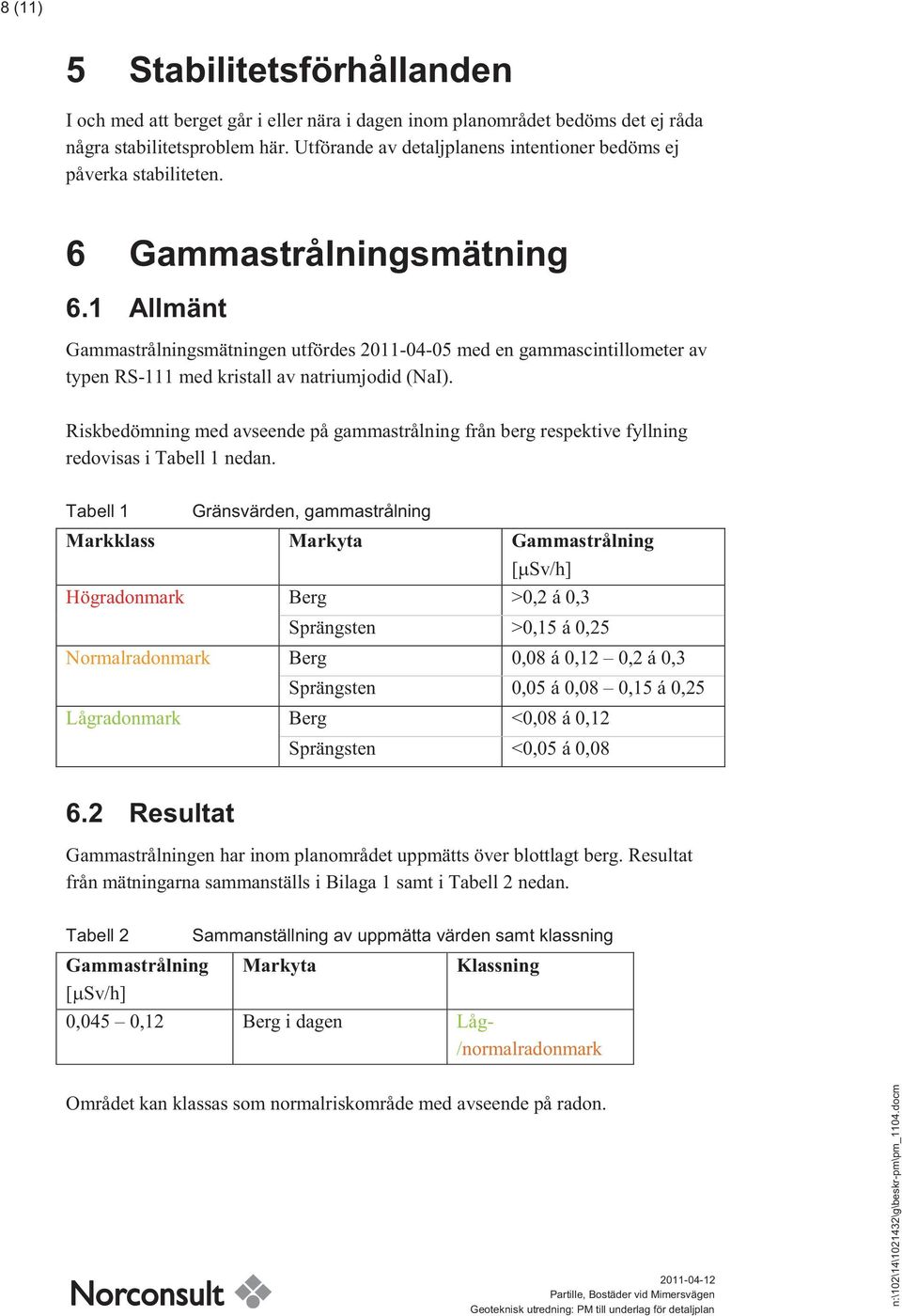 1 Allmänt Gammastrålningsmätningen utfördes 2011-04-05 med en gammascintillometer av typen RS-111 med kristall av natriumjodid (NaI).