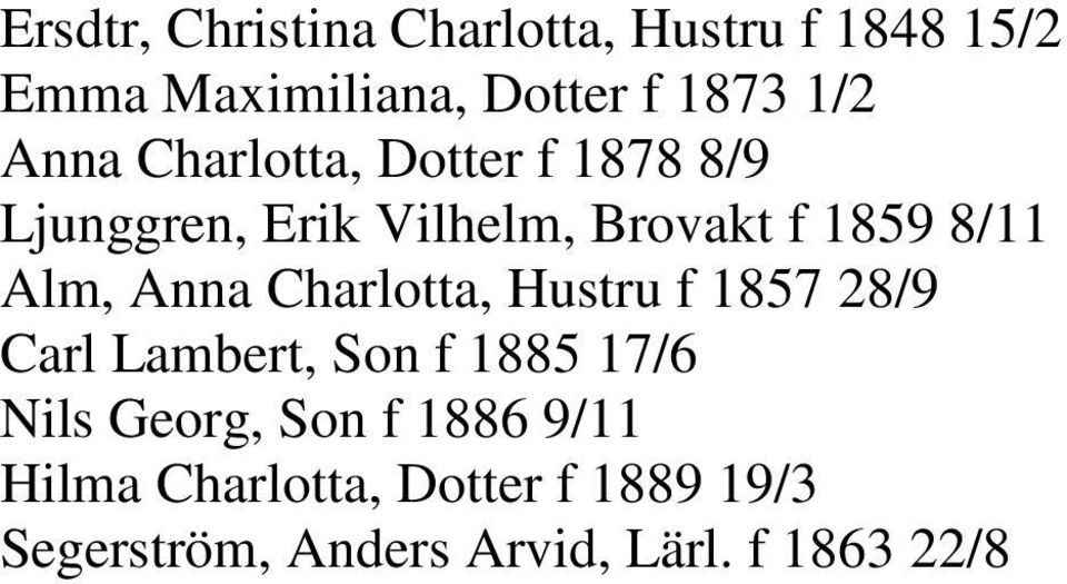Anna Charlotta, Hustru f 1857 28/9 Carl Lambert, Son f 1885 17/6 Nils Georg, Son f