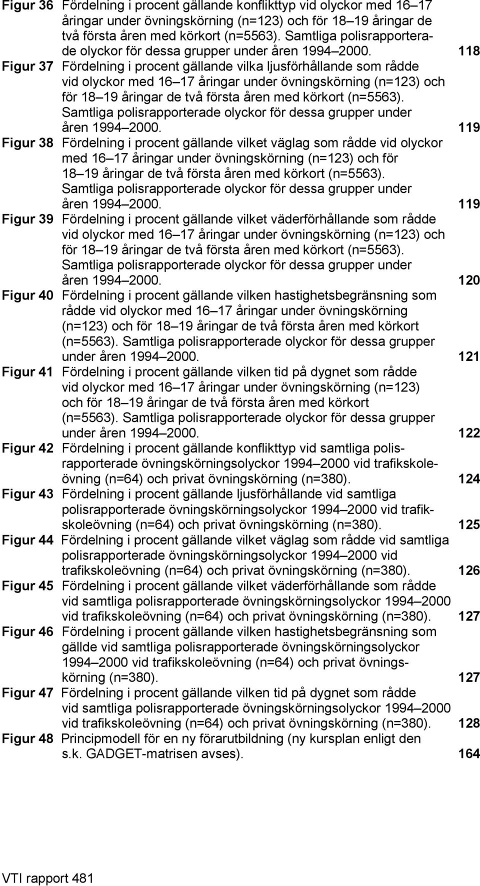 118 Figur 37 Fördelning i procent gällande vilka ljusförhållande som rådde vid olyckor med 16 17 åringar under övningskörning (n=123) och för 18 19 åringar de två första åren med körkort (n=5563).