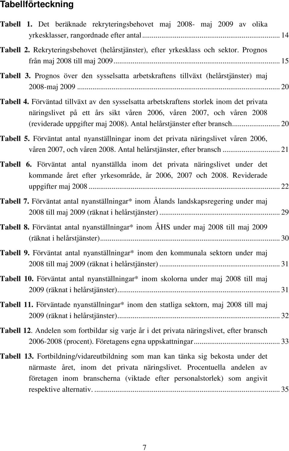 Prognos över den sysselsatta arbetskraftens tillväxt (helårstjänster) maj 2008-maj 2009... 20 Tabell 4.