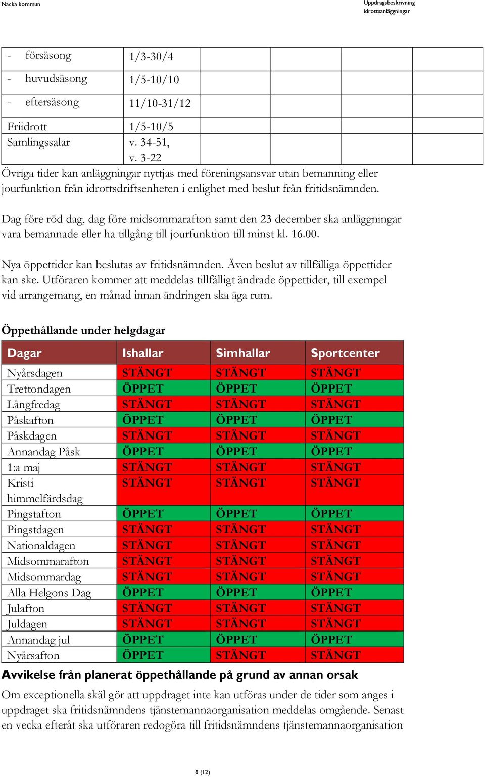 Dag före röd dag, dag före midsommarafton samt den 23 december ska anläggningar vara bemannade eller ha tillgång till jourfunktion till minst kl. 16.00. Nya öppettider kan beslutas av fritidsnämnden.