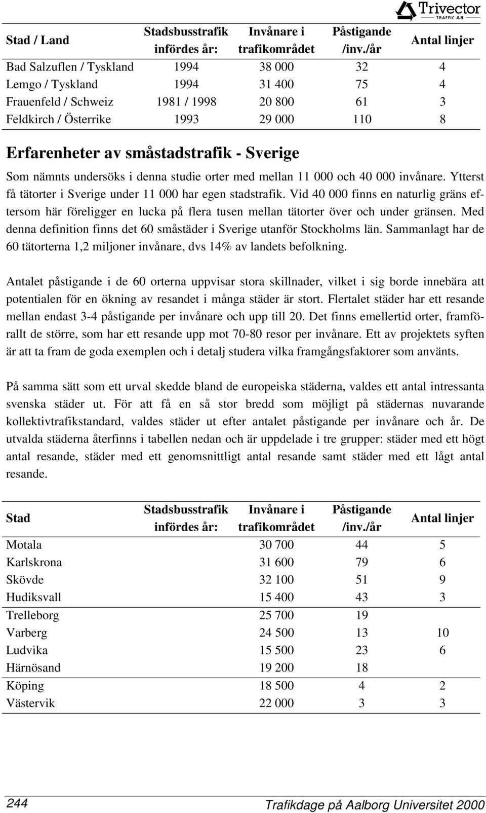 småstadstrafik - Sverige Som nämnts undersöks i denna studie orter med mellan 11 000 och 40 000 invånare. Ytterst få tätorter i Sverige under 11 000 har egen stadstrafik.