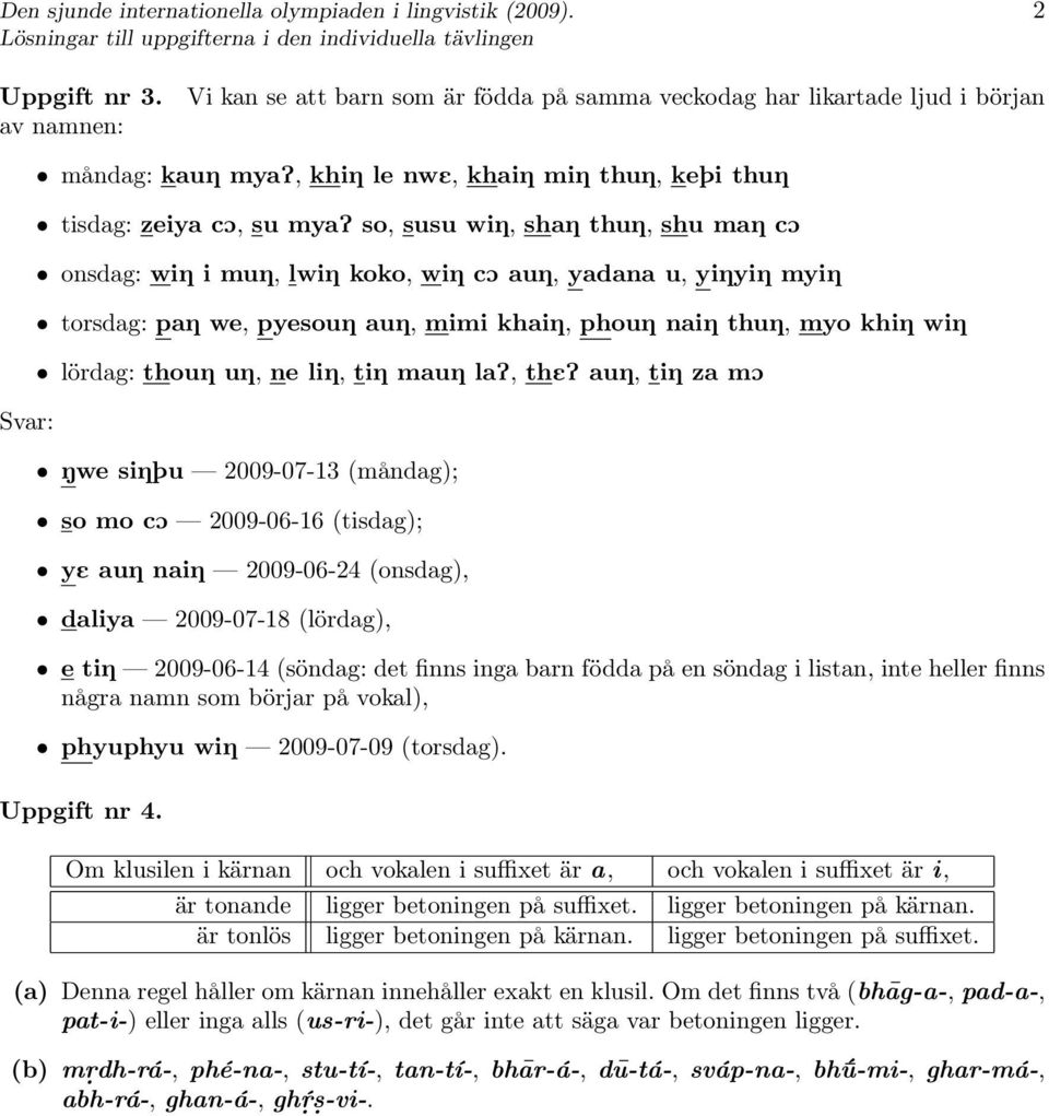 thu6, shu ma6 co onsdag: wi6 i mu6, lwi6 koko, wi6 co au6, yadana u, yi6yi6 myi6 torsdag: pa6 we, pyesou6 au6, mimi khai6, phou6 nai6 thu6, myo khi6 wi6 lördag: thou6 u6, ne li6, ti6 mau6 lap, thep