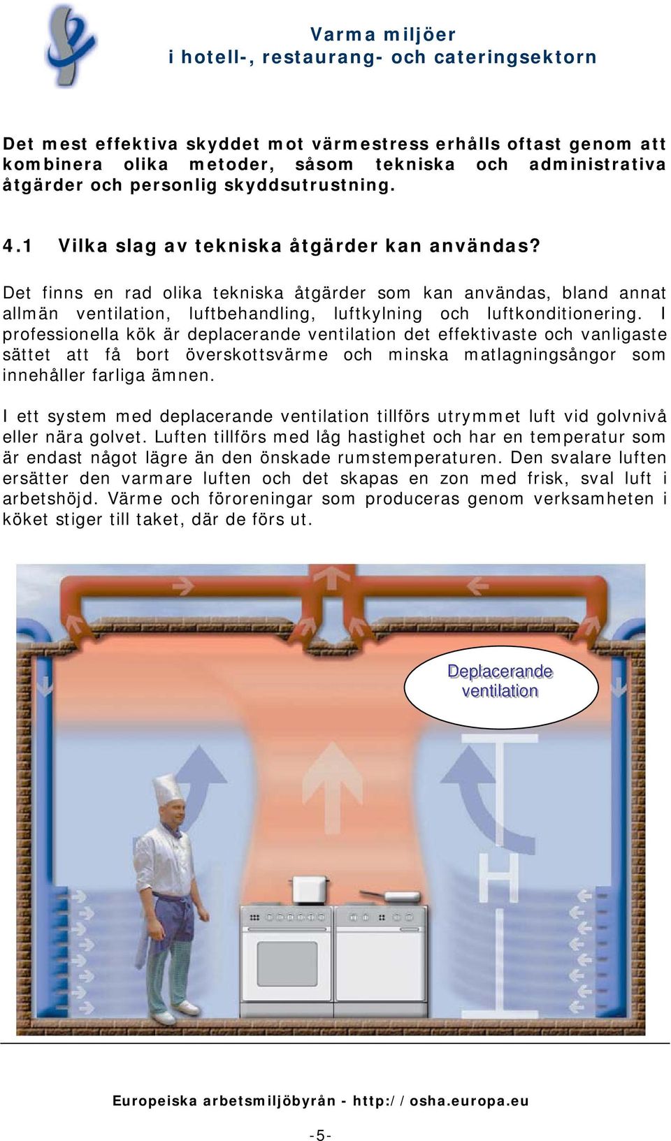 I professionella kök är deplacerande ventilation det effektivaste och vanligaste sättet att få bort överskottsvärme och minska matlagningsångor som innehåller farliga ämnen.