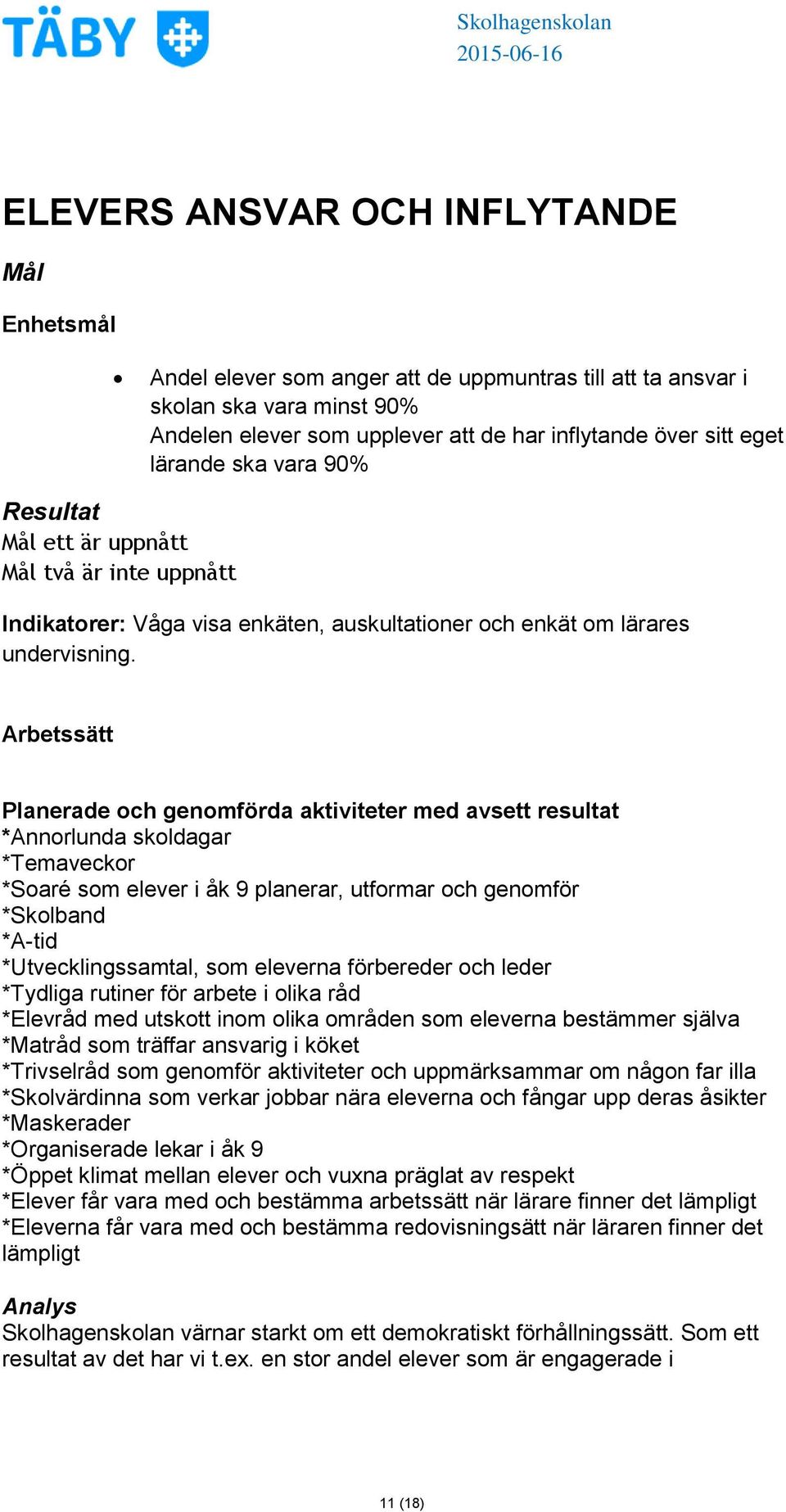 Arbetssätt Planerade och genomförda aktiviteter med avsett resultat *Annorlunda skoldagar *Temaveckor *Soaré som elever i åk 9 planerar, utformar och genomför *Skolband *A-tid *Utvecklingssamtal, som