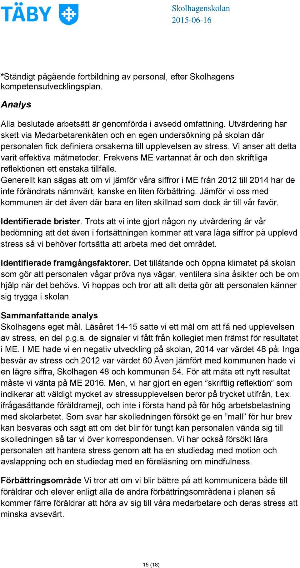 Frekvens ME vartannat år och den skriftliga reflektionen ett enstaka tillfälle.