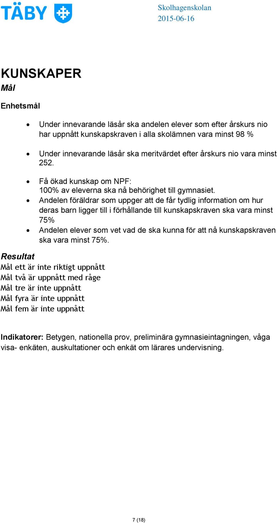 Andelen föräldrar som uppger att de får tydlig information om hur deras barn ligger till i förhållande till kunskapskraven ska vara minst 75% Andelen elever som vet vad de ska kunna för att nå