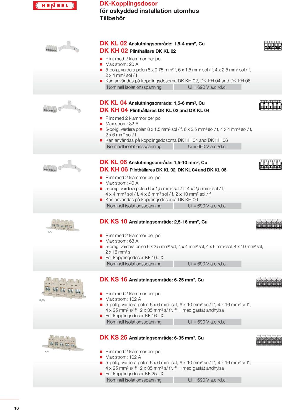A 5-polig, vardera polen 8 x 1,5 mm² sol / f, 6 x 2,5 mm² sol / f, 4 x 4 mm² sol / f, 2 x 6 mm² sol / f Kan användas på kopplingsdosorna DK KH 04 and DK KH 06 DK KL 06 Anslutningsområde: 1,5-10 mm²,