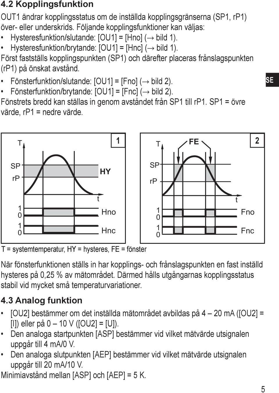 Först fastställs kopplingspunkten (P1) och därefter placeras frånslagspunkten (rp1) på önskat avstånd. Fönsterfunktion/slutande: [OU1] = [Fno] ( bild 2).