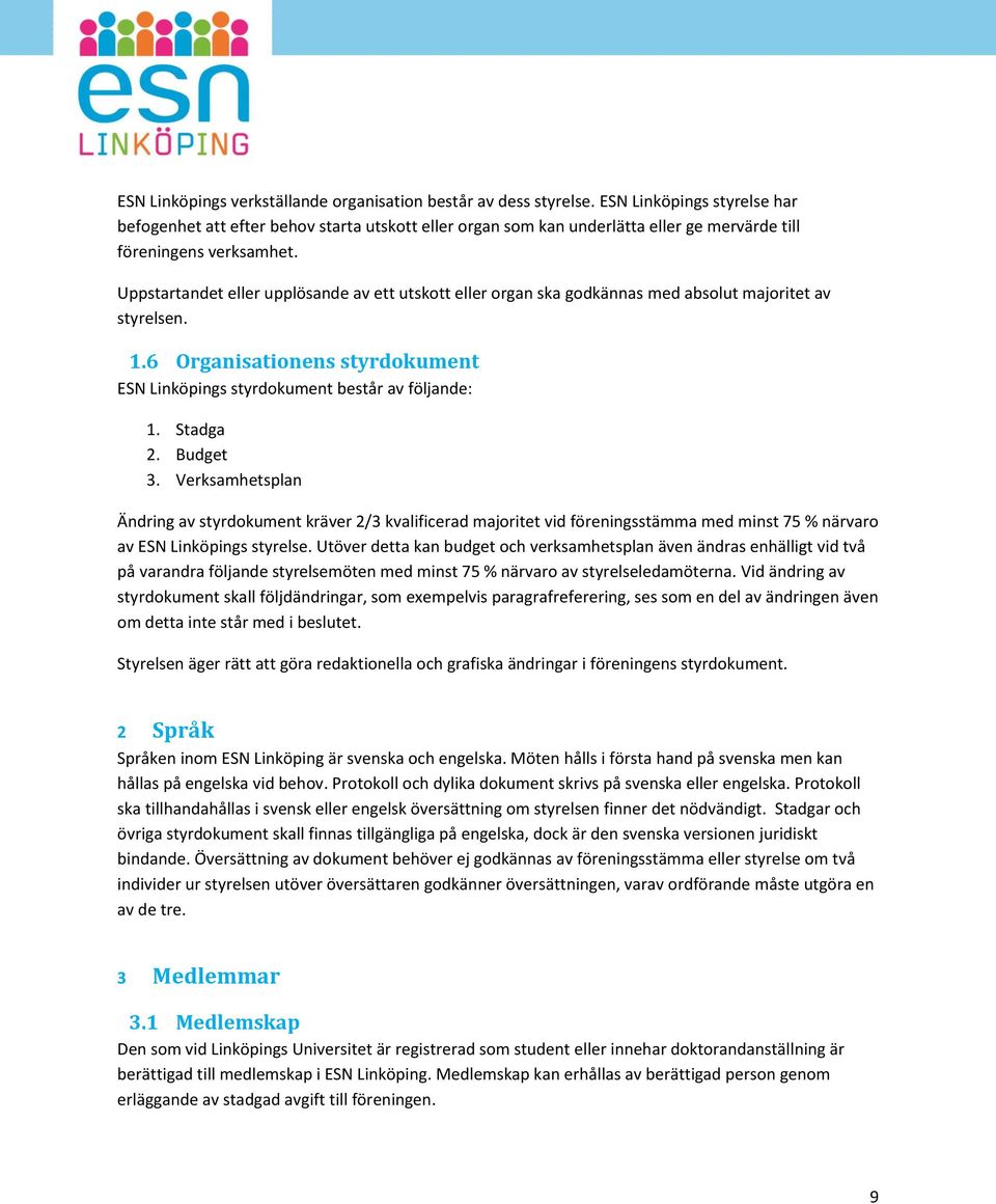 Uppstartandet eller upplösande av ett utskott eller organ ska godkännas med absolut majoritet av styrelsen. 1.6 Organisationens styrdokument ESN Linköpings styrdokument består av följande: 1.