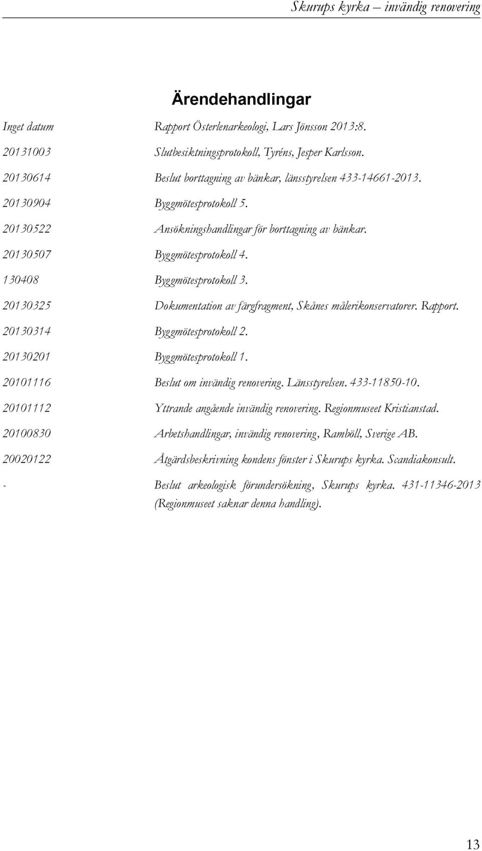 130408 Byggmötesprotokoll 3. 20130325 Dokumentation av färgfragment, Skånes målerikonservatorer. Rapport. 20130314 Byggmötesprotokoll 2. 20130201 Byggmötesprotokoll 1.