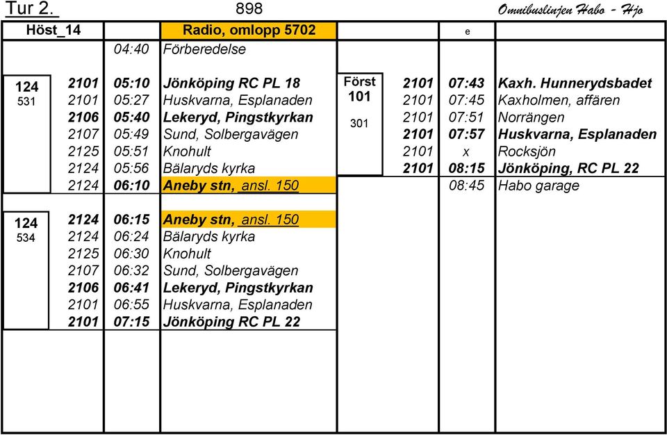 Huskvarna, Esplanaden 2125 05:51 Knohult 2 x Rocksjön 2124 05:56 Bälaryds kyrka 2 08:15 Jönköping, RC PL 22 2124 06:10 Aneby stn, ansl.