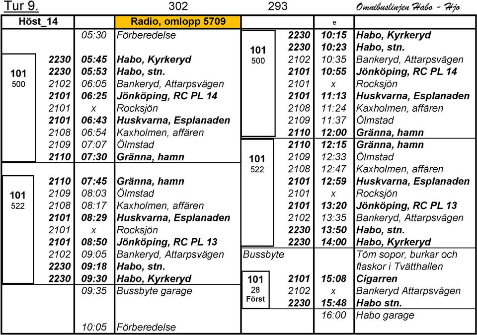 2 10:55 Jönköping, RC PL 14 2102 06:05 Bankeryd, Attarpsvägen 2 x Rocksjön 2 06:25 Jönköping, RC PL 14 2 11:13 Huskvarna, Esplanaden 2 x Rocksjön 2108 11:24 Kaxholmen, affären 2 06:43 Huskvarna,