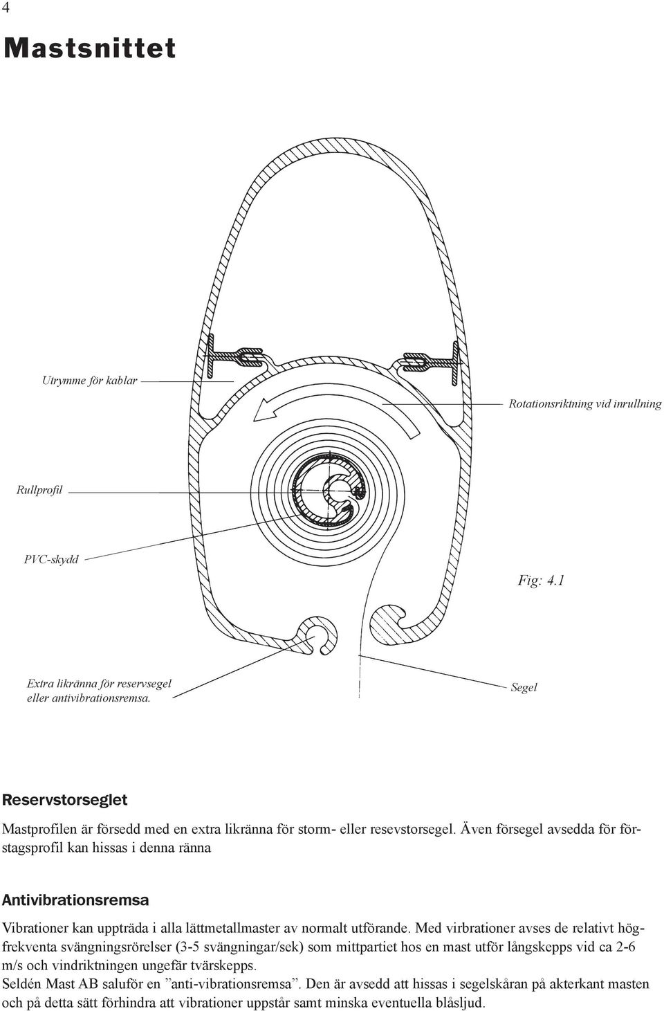 Även försegel avsedda för förstagsprofil kan hissas i denna ränna Antivibrationsremsa Vibrationer kan uppträda i alla lättmetallmaster av normalt utförande.