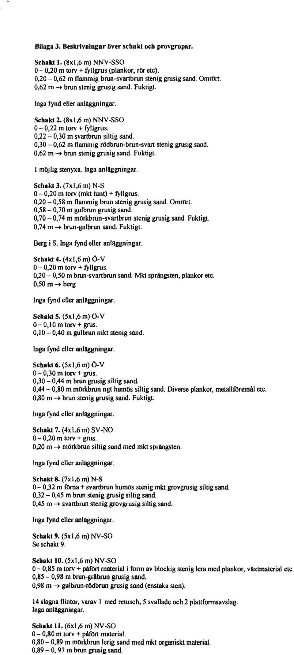 0,62 m ~ brun stenig grusig sand. Fuktigt. l möjlig stenyxa. Inga anläggningar. Schakt 3. (7xl,6 m) N-S 0-0,20 m torv (mkt tunt) + fyllgrus. 0,20-0,58 m flammig brun stenig grusig sand. Omrört.