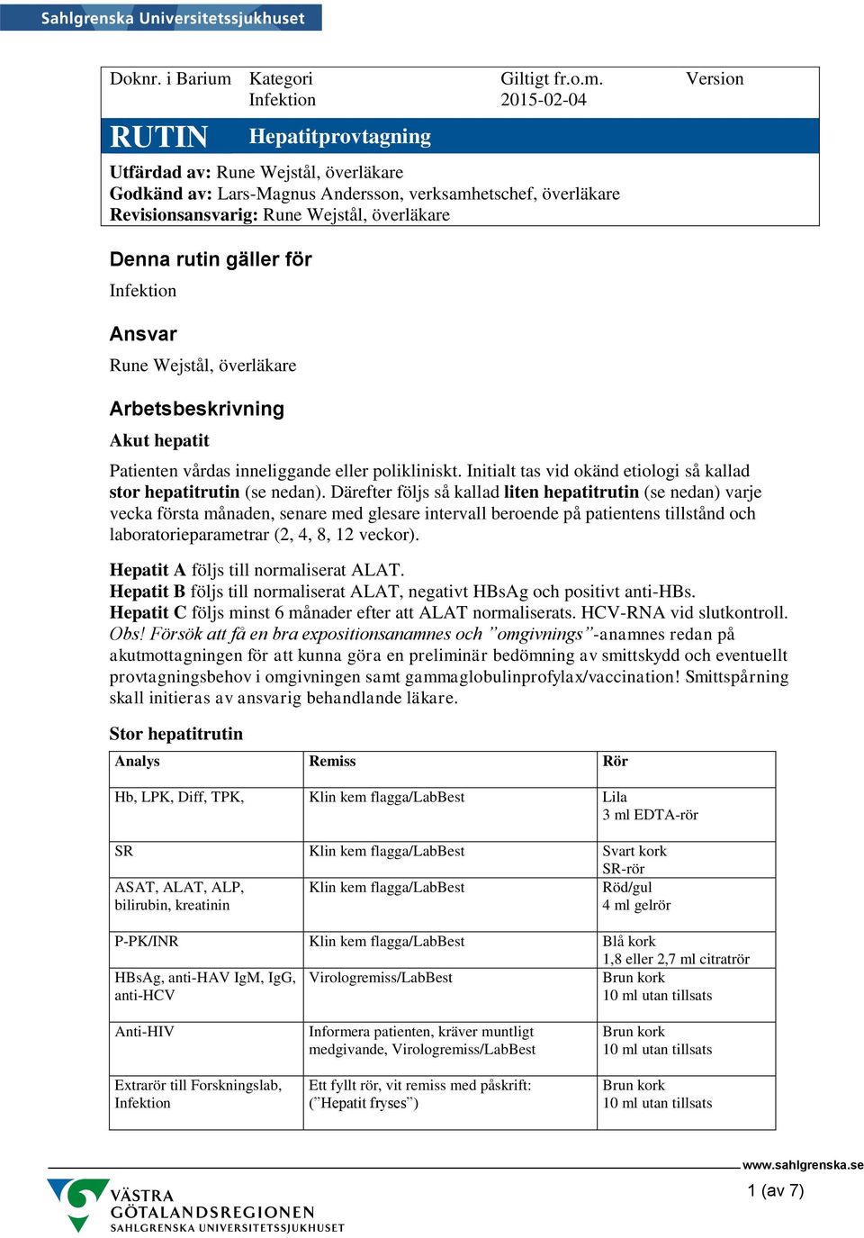 Version 2015-02-04 Utfärdad av: Rune Wejstål, överläkare Godkänd av: Lars-Magnus Andersson, verksamhetschef, överläkare Revisionsansvarig: Rune Wejstål, överläkare Denna rutin gäller för Ansvar Rune