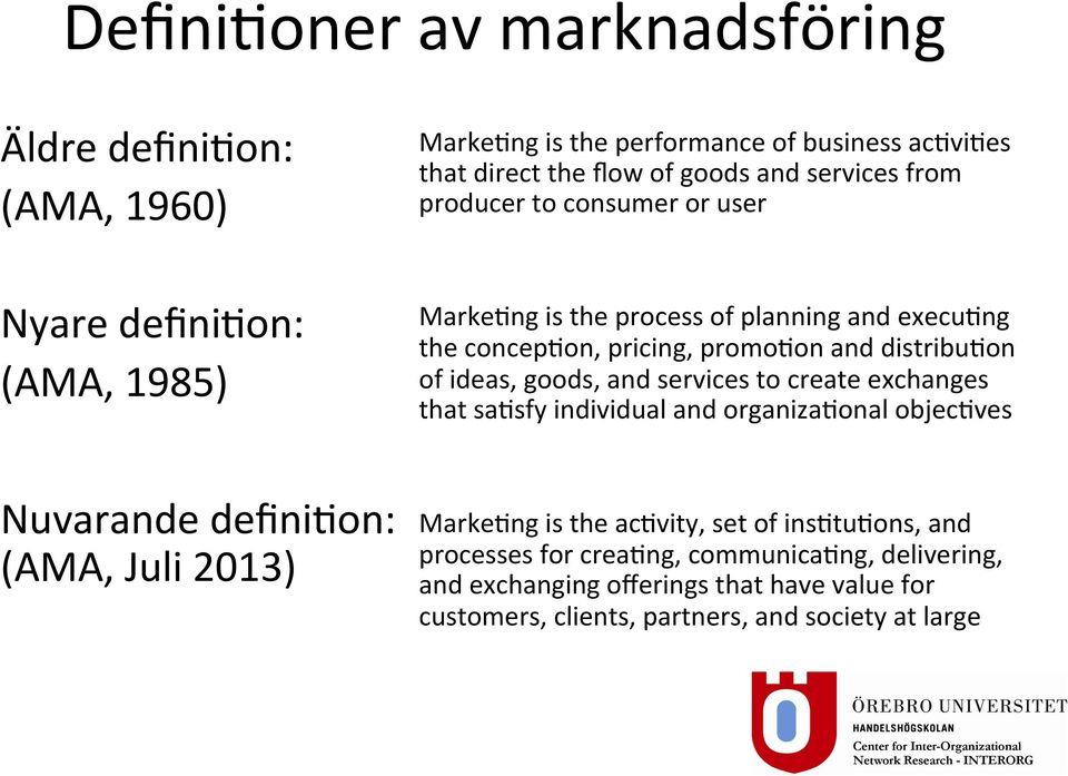 pricing, promoton and distributon of ideas, goods, and services to create exchanges that satsfy individual and organizatonal objectves MarkeTng is the actvity,