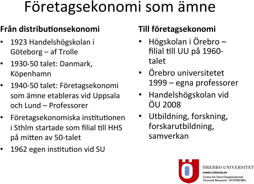 startade som filial Tll HHS på miben av 50- talet 1962 egen insttuton vid SU Till företagsekonomi Högskolan i Örebro filial Tll