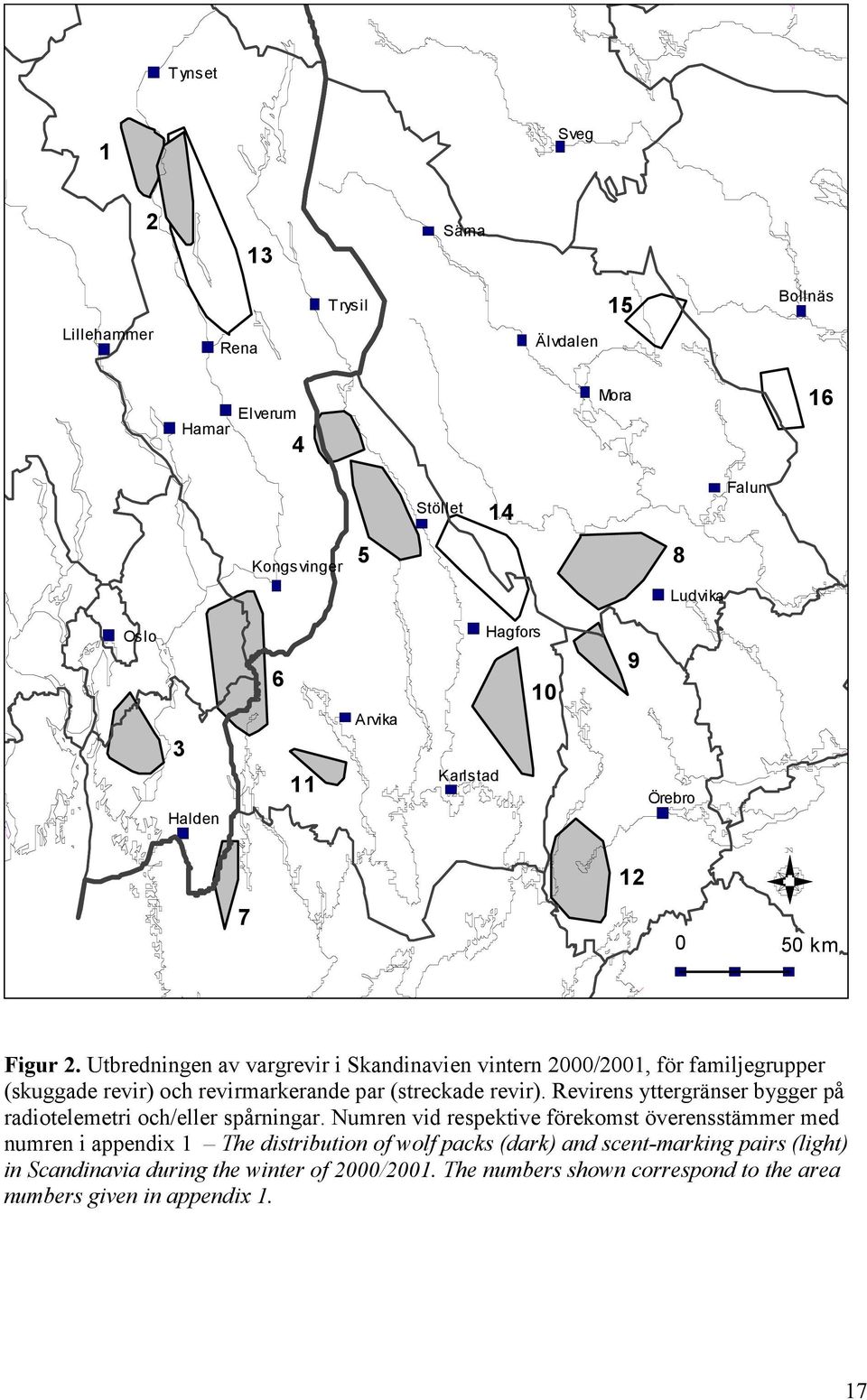 Utbredningen av vargrevir i Skandinavien vintern 2000/2001, för familjegrupper (skuggade revir) och revirmarkerande par (streckade revir).