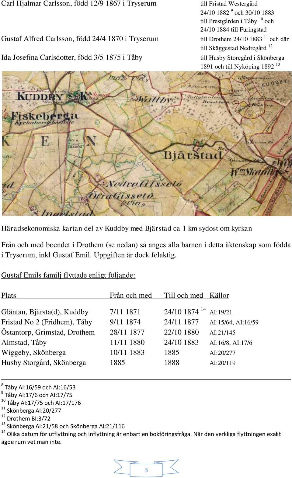 Häradsekonomiska kartan del av Kuddby med Bjärstad ca 1 km sydost om kyrkan Från och med boendet i Drothem (se nedan) så anges alla barnen i detta äktenskap som födda i Tryserum, inkl Gustaf Emil.