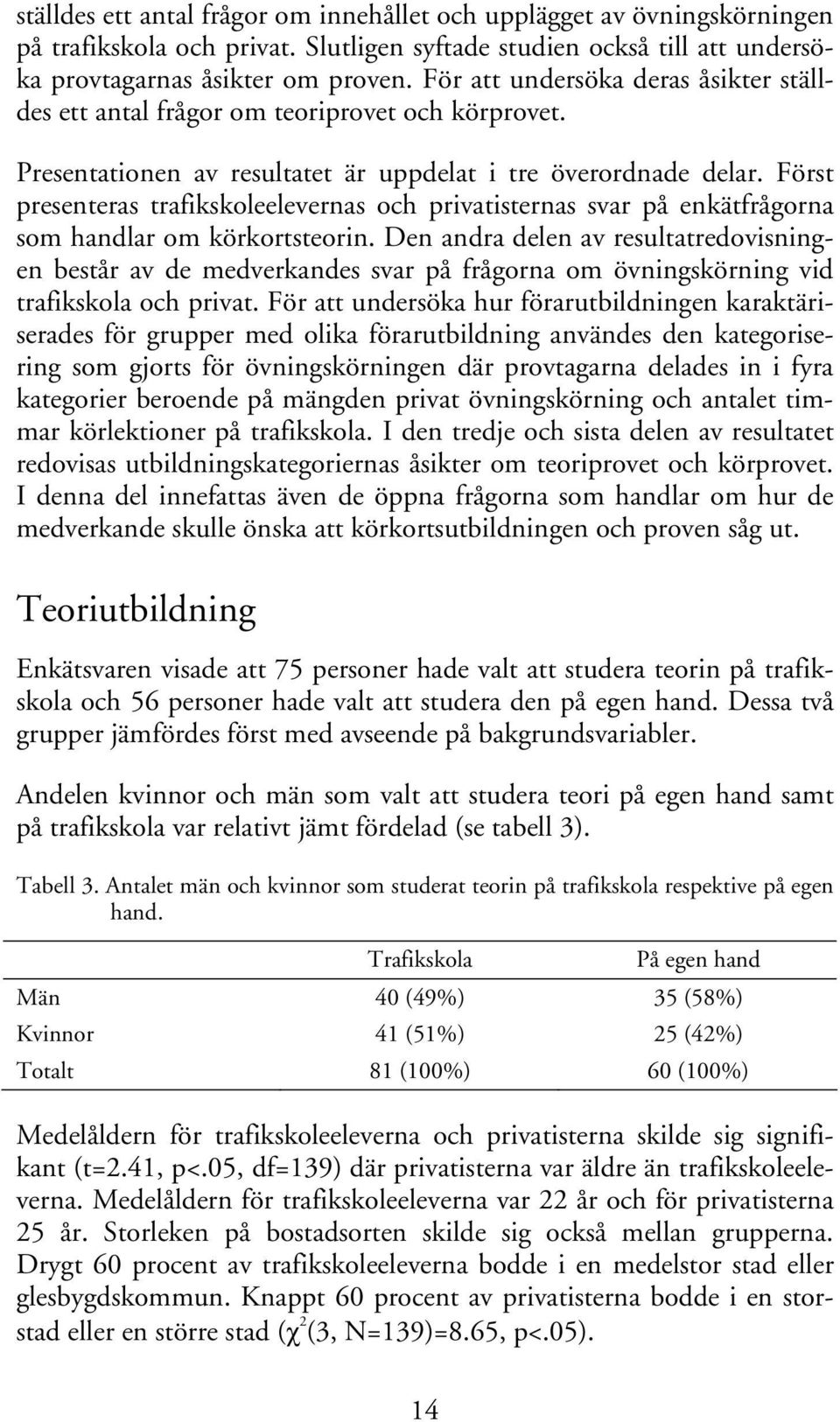 Först presenteras trafikskoleelevernas och privatisternas svar på enkätfrågorna som handlar om körkortsteorin.