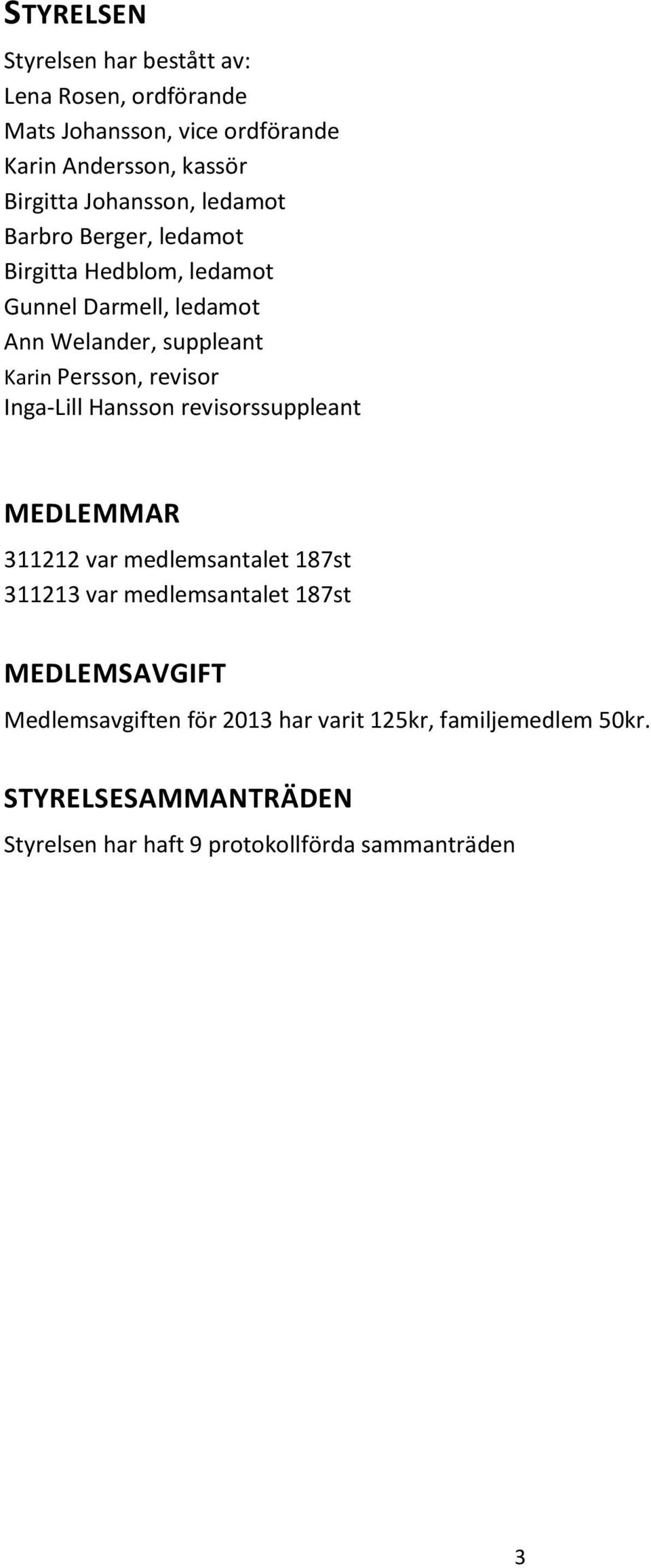 Persson, revisor Inga-Lill Hansson revisorssuppleant MEDLEMMAR 311212 var medlemsantalet 187st 311213 var medlemsantalet 187st