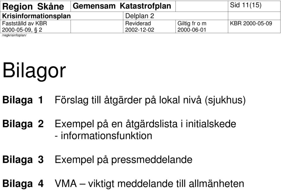 (sjukhus) Exempel på en åtgärdslista i initialskede -