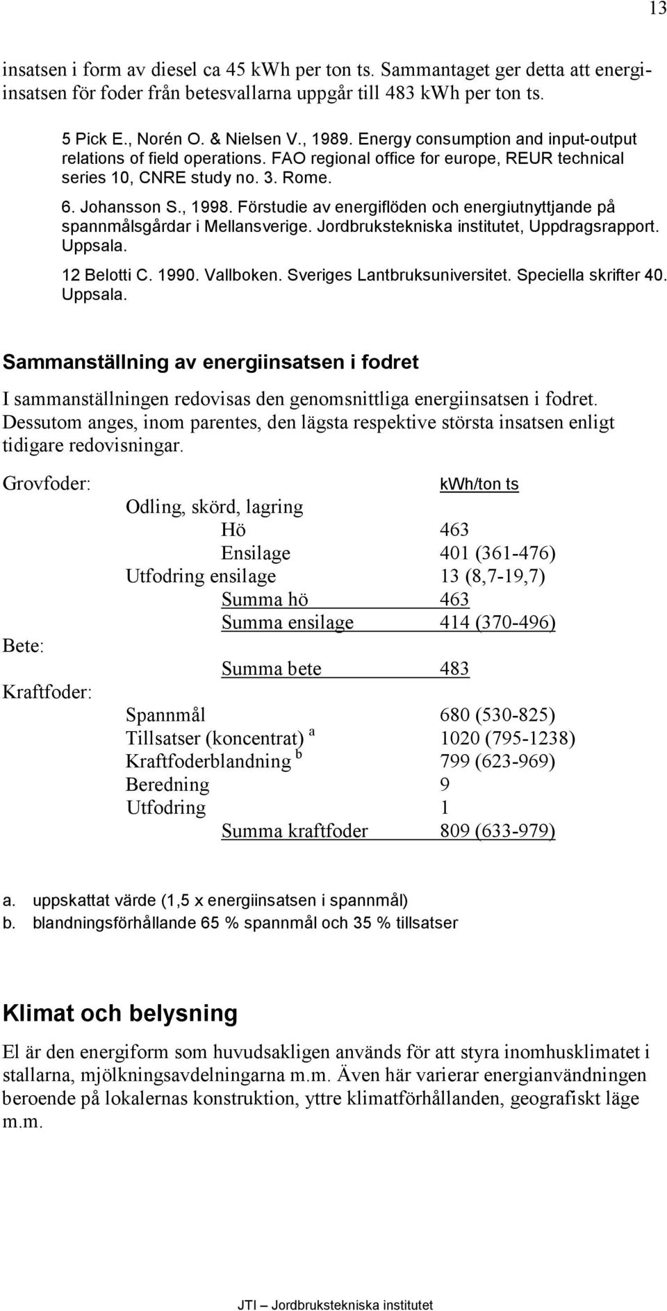 Förstudie av energiflöden och energiutnyttjande på spannmålsgårdar i Mellansverige. Jordbrukstekniska institutet, Uppdragsrapport. Uppsala. 12 Belotti C. 1990. Vallboken.