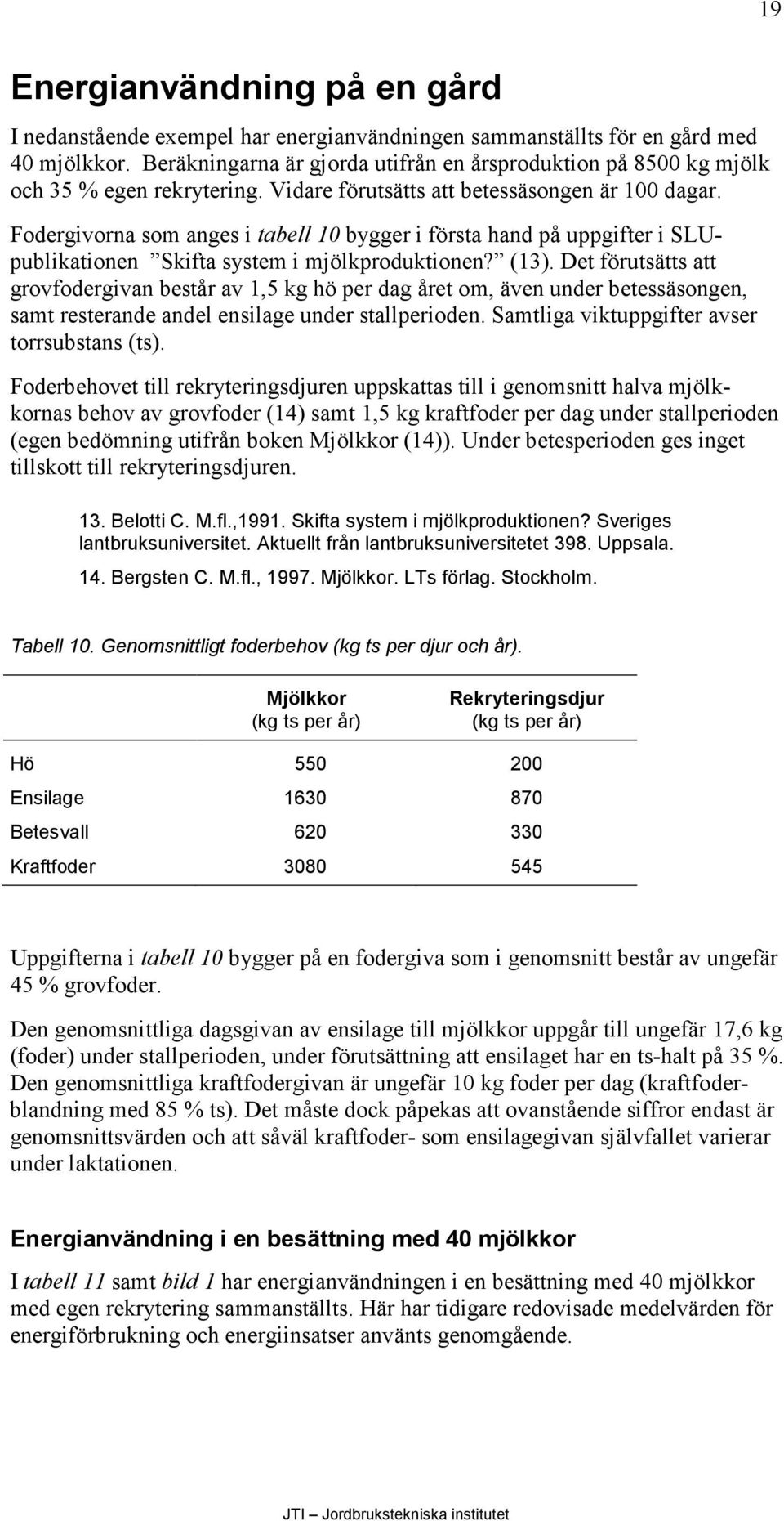 Fodergivorna som anges i tabell 10 bygger i första hand på uppgifter i SLUpublikationen Skifta system i mjölkproduktionen? (13).