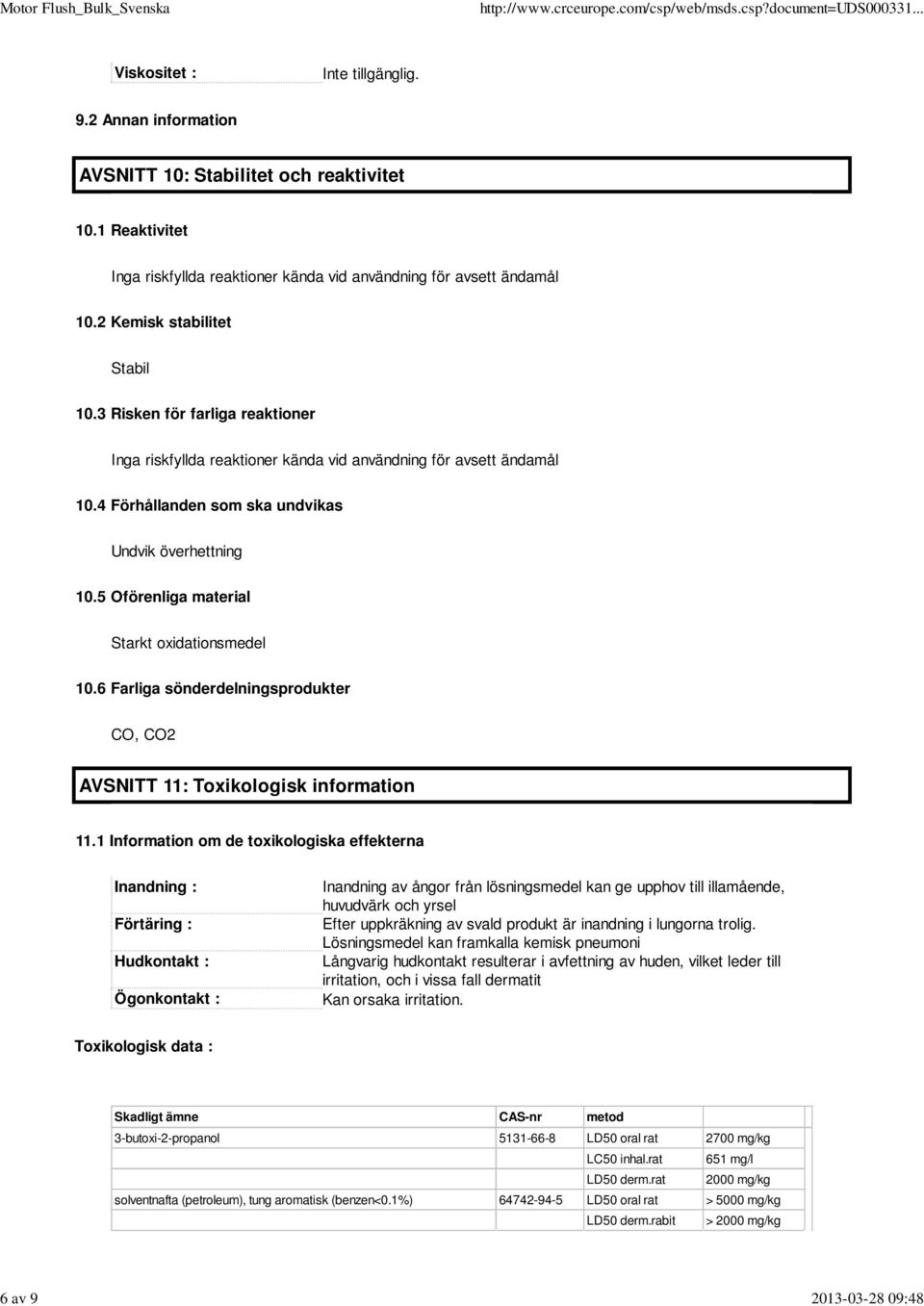 3 Risken för farliga reaktioner Inga riskfyllda reaktioner kända vid användning för avsett ändamål 10.4 Förhållanden som ska undvikas Undvik överhettning 10.