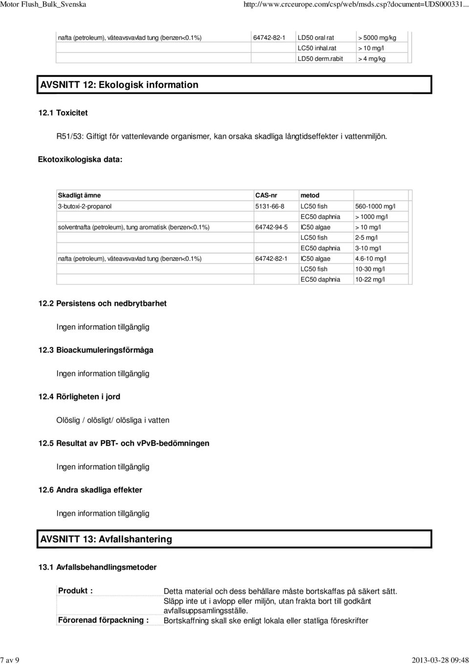 Ekotoxikologiska data: Skadligt ämne CAS-nr metod 3-butoxi-2-propanol 5131-66-8 LC50 fish 560-1000 mg/l EC50 daphnia > 1000 mg/l solventnafta (petroleum), tung aromatisk (benzen<0.