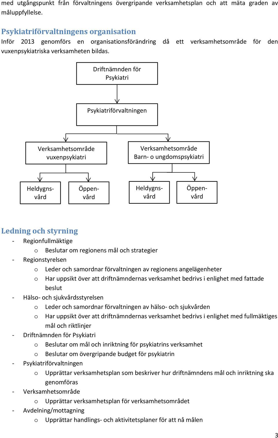 Driftnämnden för Psykiatri Psykiatriförvaltningen Verksamhetsområde vuxenpsykiatri Verksamhetsområde Barn- o ungdomspsykiatri Heldygnsvård Öppenvård Öppenvård Heldygnsvård Ledning och styrning -