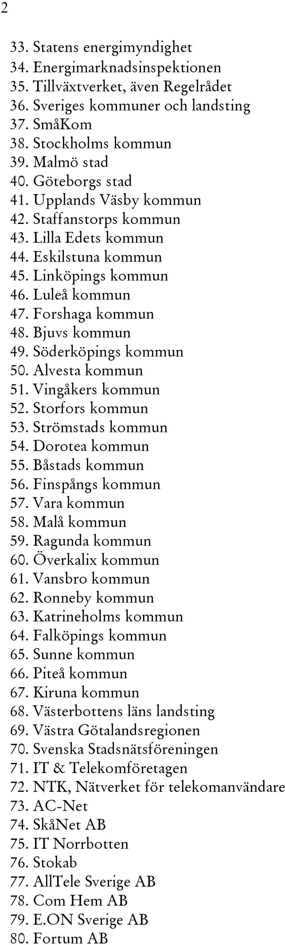 Söderköpings kommun 50. Alvesta kommun 51. Vingåkers kommun 52. Storfors kommun 53. Strömstads kommun 54. Dorotea kommun 55. Båstads kommun 56. Finspångs kommun 57. Vara kommun 58. Malå kommun 59.
