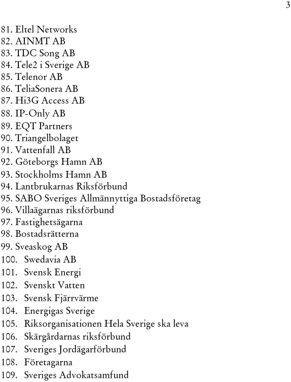 Villaägarnas riksförbund 97. Fastighetsägarna 98. Bostadsrätterna 99. Sveaskog AB 100. Swedavia AB 101. Svensk Energi 102. Svenskt Vatten 103. Svensk Fjärrvärme 104.